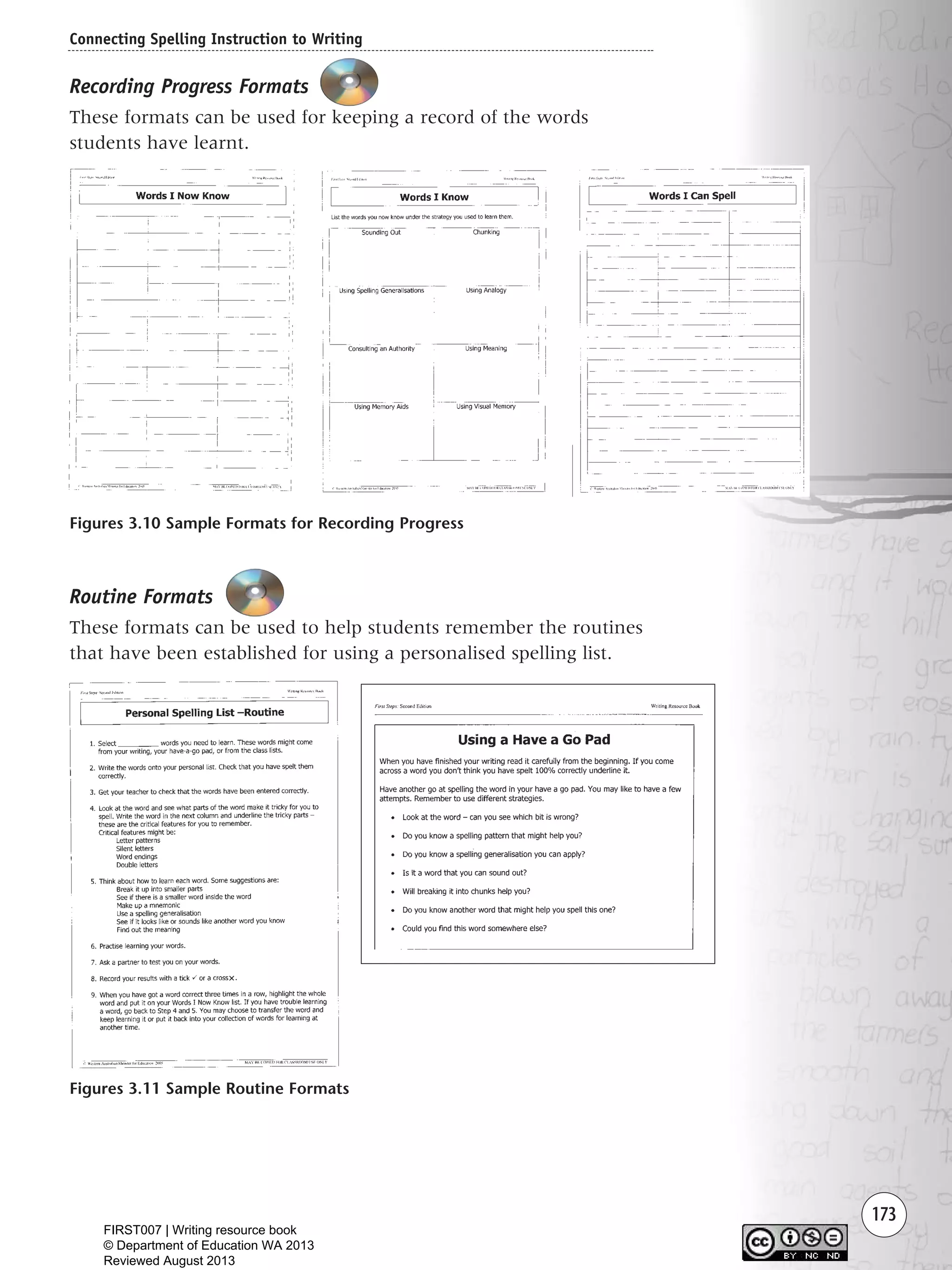 173
Recording Progress Formats
These formats can be used for keeping a record of the words
students have learnt.
Connecting Spelling Instruction to Writing
Figures 3.10 Sample Formats for Recording Progress
Routine Formats
These formats can be used to help students remember the routines
that have been established for using a personalised spelling list.
Figures 3.11 Sample Routine Formats
Writing Resource_chpt 2-3FINAL 6/29/06 10:46 AM Page 173
FIRST007 | Writing resource book
© Department of Education WA 2013
Reviewed August 2013
 