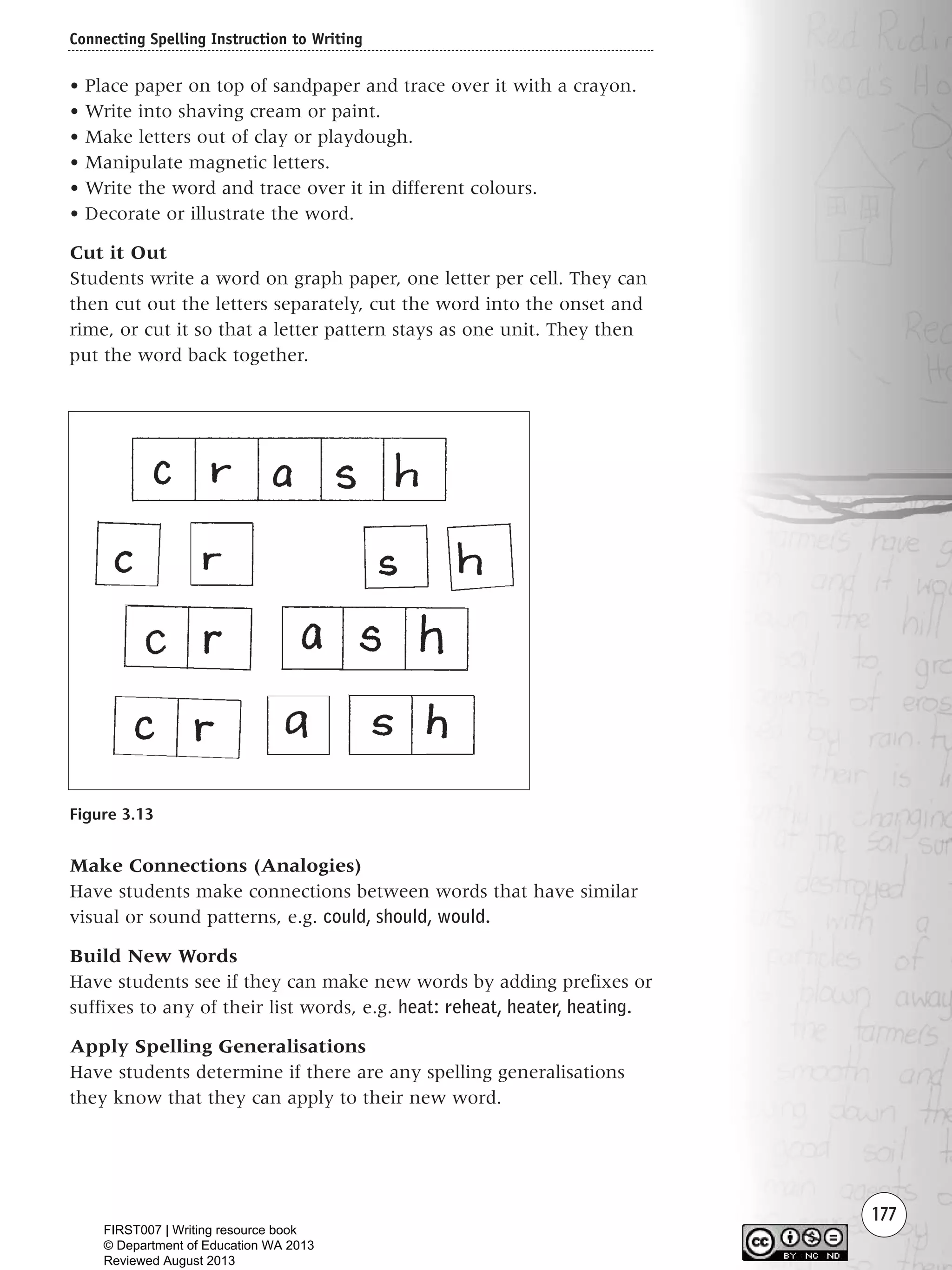 177
• Place paper on top of sandpaper and trace over it with a crayon.
• Write into shaving cream or paint.
• Make letters out of clay or playdough.
• Manipulate magnetic letters.
• Write the word and trace over it in different colours.
• Decorate or illustrate the word.
Cut it Out
Students write a word on graph paper, one letter per cell. They can
then cut out the letters separately, cut the word into the onset and
rime, or cut it so that a letter pattern stays as one unit. They then
put the word back together.
Connecting Spelling Instruction to Writing
Figure 3.13
Make Connections (Analogies)
Have students make connections between words that have similar
visual or sound patterns, e.g. could, should, would.
Build New Words
Have students see if they can make new words by adding prefixes or
suffixes to any of their list words, e.g. heat: reheat, heater, heating.
Apply Spelling Generalisations
Have students determine if there are any spelling generalisations
they know that they can apply to their new word.
Writing Resource_chpt 2-3FINAL 6/29/06 10:46 AM Page 177
FIRST007 | Writing resource book
© Department of Education WA 2013
Reviewed August 2013
 
