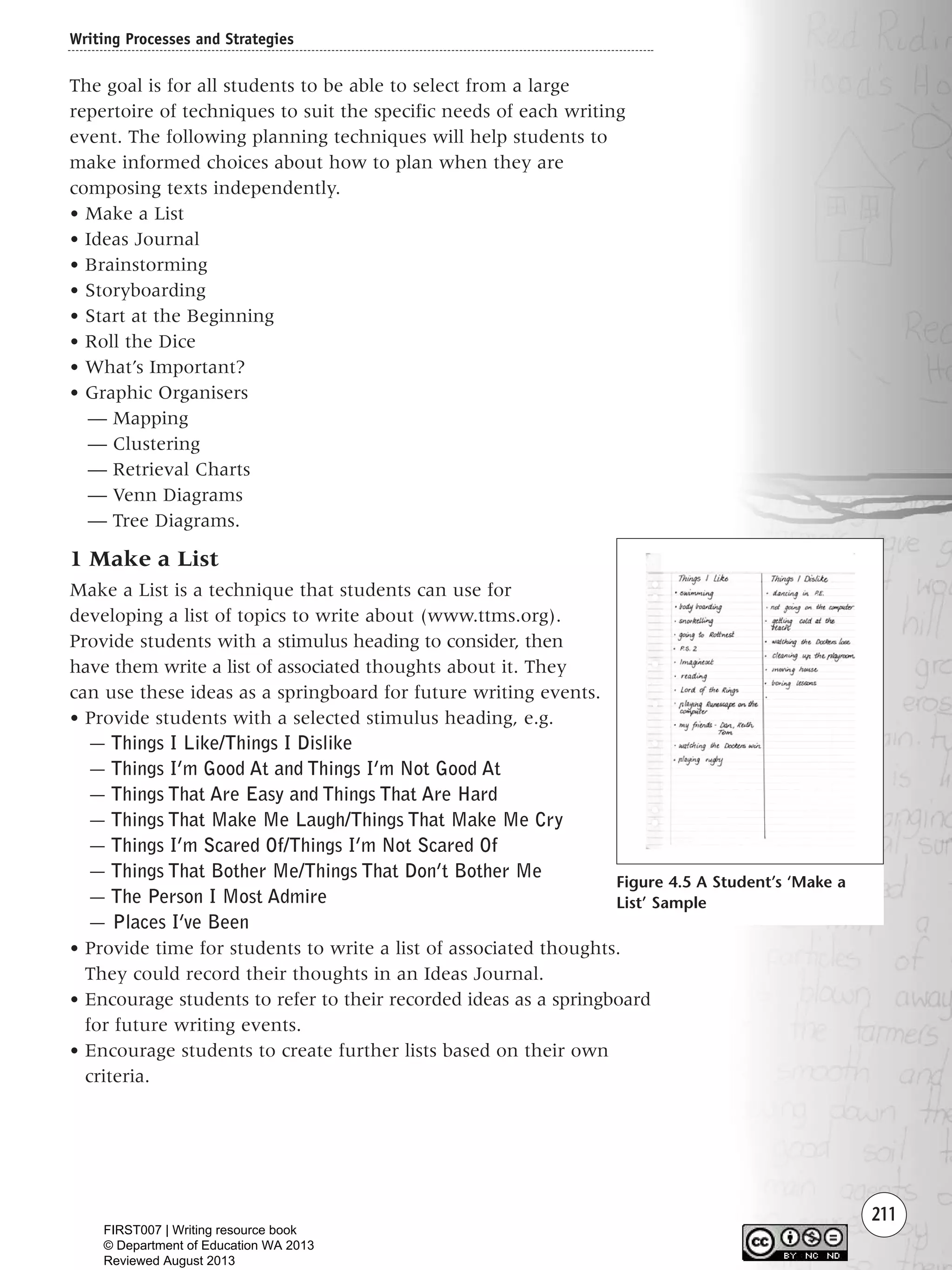 211
The goal is for all students to be able to select from a large
repertoire of techniques to suit the specific needs of each writing
event. The following planning techniques will help students to
make informed choices about how to plan when they are
composing texts independently.
• Make a List
• Ideas Journal
• Brainstorming
• Storyboarding
• Start at the Beginning
• Roll the Dice
• What’s Important?
• Graphic Organisers
— Mapping
— Clustering
— Retrieval Charts
— Venn Diagrams
— Tree Diagrams.
1 Make a List
Make a List is a technique that students can use for
developing a list of topics to write about (www.ttms.org).
Provide students with a stimulus heading to consider, then
have them write a list of associated thoughts about it. They
can use these ideas as a springboard for future writing events.
• Provide students with a selected stimulus heading, e.g.
— Things I Like/Things I Dislike
— Things I’m Good At and Things I’m Not Good At
— Things That Are Easy and Things That Are Hard
— Things That Make Me Laugh/Things That Make Me Cry
— Things I’m Scared Of/Things I’m Not Scared Of
— Things That Bother Me/Things That Don’t Bother Me
— The Person I Most Admire
— Places I’ve Been
• Provide time for students to write a list of associated thoughts.
They could record their thoughts in an Ideas Journal.
• Encourage students to refer to their recorded ideas as a springboard
for future writing events.
• Encourage students to create further lists based on their own
criteria.
Writing Processes and Strategies
Figure 4.5 A Student’s ‘Make a
List’ Sample
Writing Resource_chpt 4 FINAL 6/29/06 10:53 AM Page 211
FIRST007 | Writing resource book
© Department of Education WA 2013
Reviewed August 2013
 