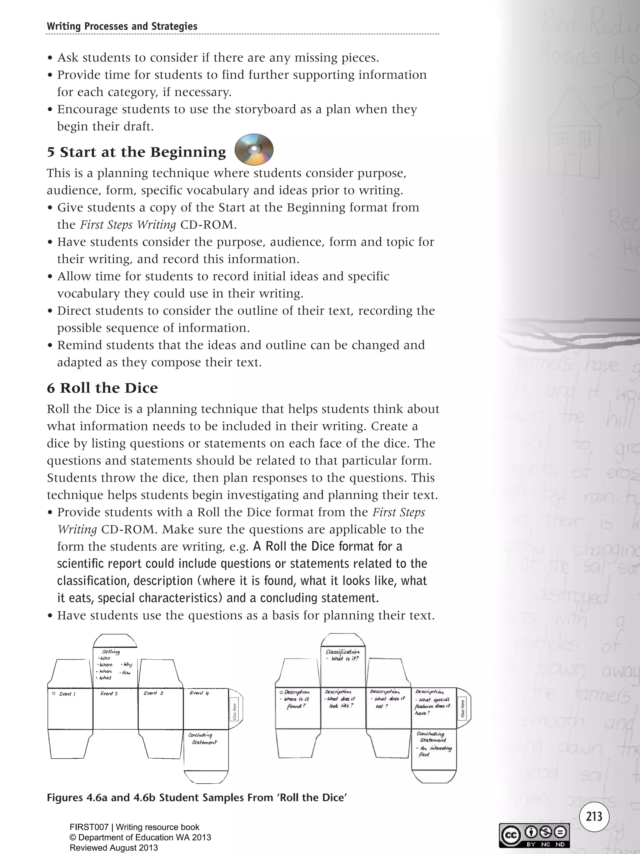 213
• Ask students to consider if there are any missing pieces.
• Provide time for students to find further supporting information
for each category, if necessary.
• Encourage students to use the storyboard as a plan when they
begin their draft.
5 Start at the Beginning
This is a planning technique where students consider purpose,
audience, form, specific vocabulary and ideas prior to writing.
• Give students a copy of the Start at the Beginning format from
the First Steps Writing CD-ROM.
• Have students consider the purpose, audience, form and topic for
their writing, and record this information.
• Allow time for students to record initial ideas and specific
vocabulary they could use in their writing.
• Direct students to consider the outline of their text, recording the
possible sequence of information.
• Remind students that the ideas and outline can be changed and
adapted as they compose their text.
6 Roll the Dice
Roll the Dice is a planning technique that helps students think about
what information needs to be included in their writing. Create a
dice by listing questions or statements on each face of the dice. The
questions and statements should be related to that particular form.
Students throw the dice, then plan responses to the questions. This
technique helps students begin investigating and planning their text.
• Provide students with a Roll the Dice format from the First Steps
Writing CD-ROM. Make sure the questions are applicable to the
form the students are writing, e.g. A Roll the Dice format for a
scientific report could include questions or statements related to the
classification, description (where it is found, what it looks like, what
it eats, special characteristics) and a concluding statement.
• Have students use the questions as a basis for planning their text.
Writing Processes and Strategies
Figures 4.6a and 4.6b Student Samples From ‘Roll the Dice’
Writing Resource_chpt 4 FINAL 6/29/06 10:53 AM Page 213
FIRST007 | Writing resource book
© Department of Education WA 2013
Reviewed August 2013
 