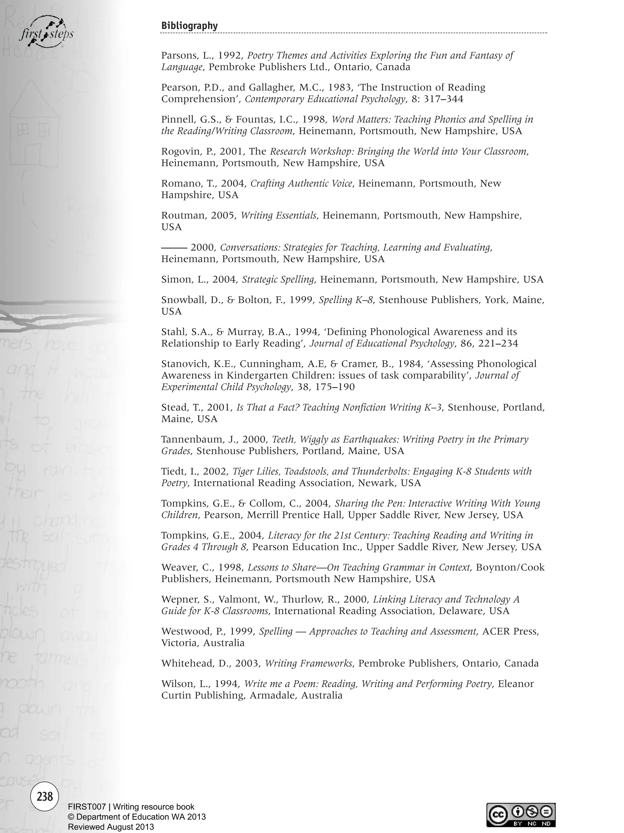 238
Bibliography
Parsons, L., 1992, Poetry Themes and Activities Exploring the Fun and Fantasy of
Language, Pembroke Publishers Ltd., Ontario, Canada
Pearson, P.D., and Gallagher, M.C., 1983, ‘The Instruction of Reading
Comprehension’, Contemporary Educational Psychology, 8: 317–344
Pinnell, G.S., & Fountas, I.C., 1998, Word Matters: Teaching Phonics and Spelling in
the Reading/Writing Classroom, Heinemann, Portsmouth, New Hampshire, USA
Rogovin, P., 2001, The Research Workshop: Bringing the World into Your Classroom,
Heinemann, Portsmouth, New Hampshire, USA
Romano, T., 2004, Crafting Authentic Voice, Heinemann, Portsmouth, New
Hampshire, USA
Routman, 2005, Writing Essentials, Heinemann, Portsmouth, New Hampshire,
USA
––––– 2000, Conversations: Strategies for Teaching, Learning and Evaluating,
Heinemann, Portsmouth, New Hampshire, USA
Simon, L., 2004, Strategic Spelling, Heinemann, Portsmouth, New Hampshire, USA
Snowball, D., & Bolton, F., 1999, Spelling K–8, Stenhouse Publishers, York, Maine,
USA
Stahl, S.A., & Murray, B.A., 1994, ‘Defining Phonological Awareness and its
Relationship to Early Reading’, Journal of Educational Psychology, 86, 221–234
Stanovich, K.E., Cunningham, A.E, & Cramer, B., 1984, ‘Assessing Phonological
Awareness in Kindergarten Children: issues of task comparability’, Journal of
Experimental Child Psychology, 38, 175–190
Stead, T., 2001, Is That a Fact? Teaching Nonfiction Writing K–3, Stenhouse, Portland,
Maine, USA
Tannenbaum, J., 2000, Teeth, Wiggly as Earthquakes: Writing Poetry in the Primary
Grades, Stenhouse Publishers, Portland, Maine, USA
Tiedt, I., 2002, Tiger Lilies, Toadstools, and Thunderbolts: Engaging K-8 Students with
Poetry, International Reading Association, Newark, USA
Tompkins, G.E., & Collom, C., 2004, Sharing the Pen: Interactive Writing With Young
Children, Pearson, Merrill Prentice Hall, Upper Saddle River, New Jersey, USA
Tompkins, G.E., 2004, Literacy for the 21st Century: Teaching Reading and Writing in
Grades 4 Through 8, Pearson Education Inc., Upper Saddle River, New Jersey, USA
Weaver, C., 1998, Lessons to Share—On Teaching Grammar in Context, Boynton/Cook
Publishers, Heinemann, Portsmouth New Hampshire, USA
Wepner, S., Valmont, W., Thurlow, R., 2000, Linking Literacy and Technology A
Guide for K-8 Classrooms, International Reading Association, Delaware, USA
Westwood, P., 1999, Spelling — Approaches to Teaching and Assessment, ACER Press,
Victoria, Australia
Whitehead, D., 2003, Writing Frameworks, Pembroke Publishers, Ontario, Canada
Wilson, L., 1994, Write me a Poem: Reading, Writing and Performing Poetry, Eleanor
Curtin Publishing, Armadale, Australia
Writing Resource_chpt 4 FINAL 6/29/06 10:54 AM Page 238
FIRST007 | Writing resource book
© Department of Education WA 2013
Reviewed August 2013
 