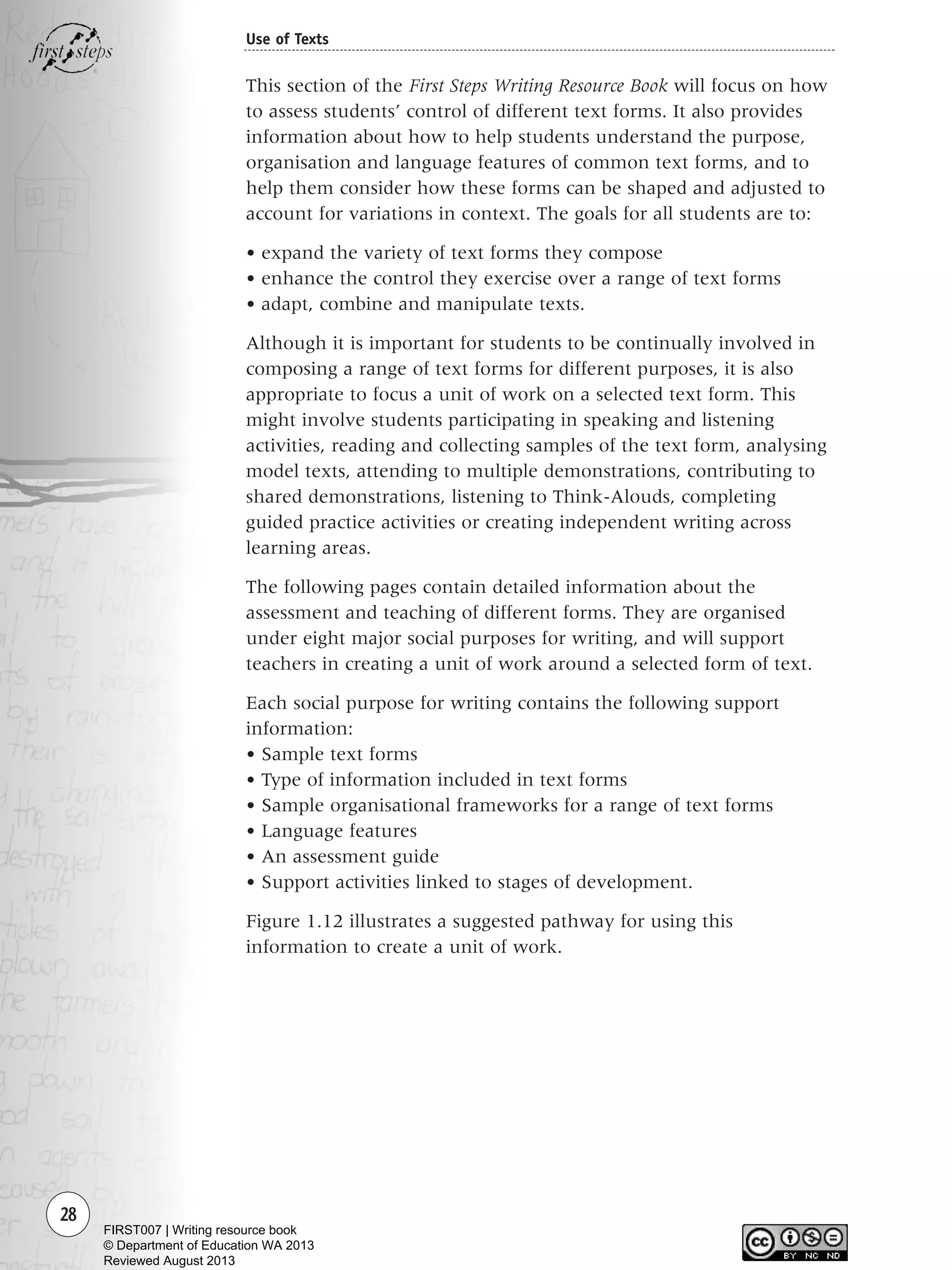 28
Use of Texts
This section of the First Steps Writing Resource Book will focus on how
to assess students’ control of different text forms. It also provides
information about how to help students understand the purpose,
organisation and language features of common text forms, and to
help them consider how these forms can be shaped and adjusted to
account for variations in context. The goals for all students are to:
• expand the variety of text forms they compose
• enhance the control they exercise over a range of text forms
• adapt, combine and manipulate texts.
Although it is important for students to be continually involved in
composing a range of text forms for different purposes, it is also
appropriate to focus a unit of work on a selected text form. This
might involve students participating in speaking and listening
activities, reading and collecting samples of the text form, analysing
model texts, attending to multiple demonstrations, contributing to
shared demonstrations, listening to Think-Alouds, completing
guided practice activities or creating independent writing across
learning areas.
The following pages contain detailed information about the
assessment and teaching of different forms. They are organised
under eight major social purposes for writing, and will support
teachers in creating a unit of work around a selected form of text.
Each social purpose for writing contains the following support
information:
• Sample text forms
• Type of information included in text forms
• Sample organisational frameworks for a range of text forms
• Language features
• An assessment guide
• Support activities linked to stages of development.
Figure 1.12 illustrates a suggested pathway for using this
information to create a unit of work.
Writing Resource_chpt 1_FINAL 6/29/06 10:31 AM Page 28
FIRST007 | Writing resource book
© Department of Education WA 2013
Reviewed August 2013
 