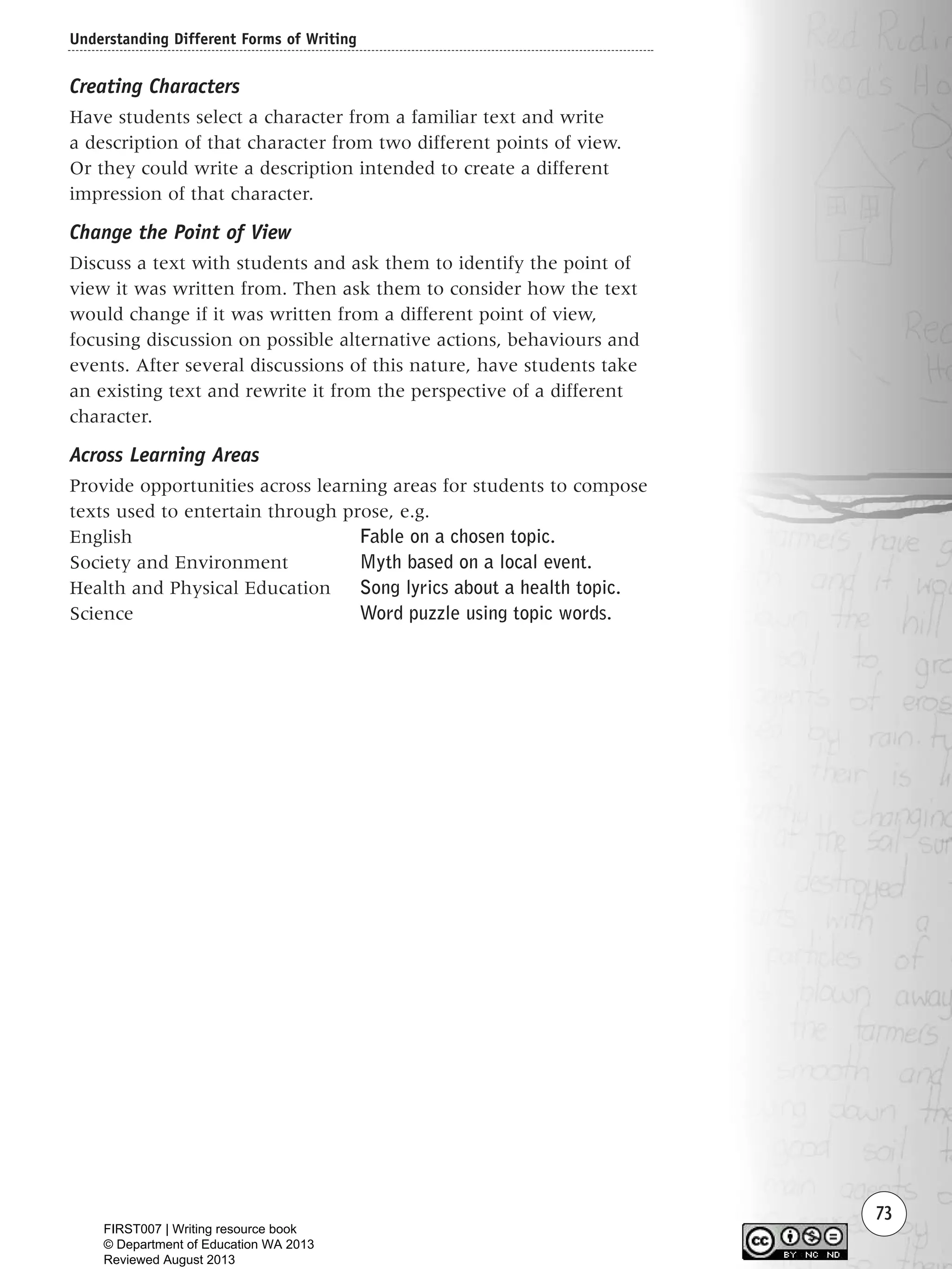 Understanding Different Forms of Writing
73
Creating Characters
Have students select a character from a familiar text and write
a description of that character from two different points of view.
Or they could write a description intended to create a different
impression of that character.
Change the Point of View
Discuss a text with students and ask them to identify the point of
view it was written from. Then ask them to consider how the text
would change if it was written from a different point of view,
focusing discussion on possible alternative actions, behaviours and
events. After several discussions of this nature, have students take
an existing text and rewrite it from the perspective of a different
character.
Across Learning Areas
Provide opportunities across learning areas for students to compose
texts used to entertain through prose, e.g.
English Fable on a chosen topic.
Society and Environment Myth based on a local event.
Health and Physical Education Song lyrics about a health topic.
Science Word puzzle using topic words.
Writing Resource_chpt 1_FINAL 6/29/06 10:32 AM Page 73
FIRST007 | Writing resource book
© Department of Education WA 2013
Reviewed August 2013
 