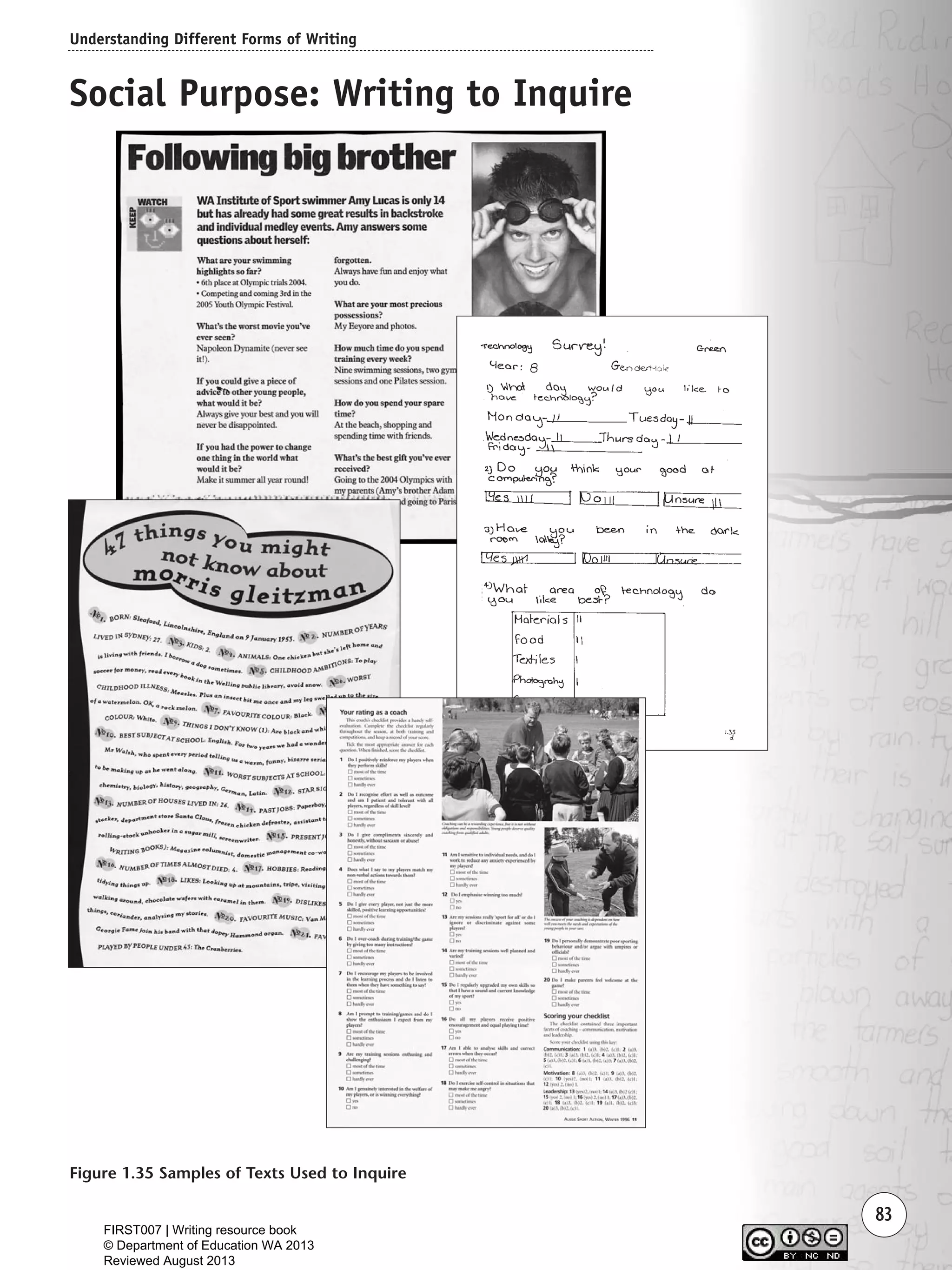 Understanding Different Forms of Writing
83
Figure 1.35 Samples of Texts Used to Inquire
Social Purpose: Writing to Inquire
Writing Resource_chpt 1_FINAL 6/29/06 10:33 AM Page 83
FIRST007 | Writing resource book
© Department of Education WA 2013
Reviewed August 2013
 