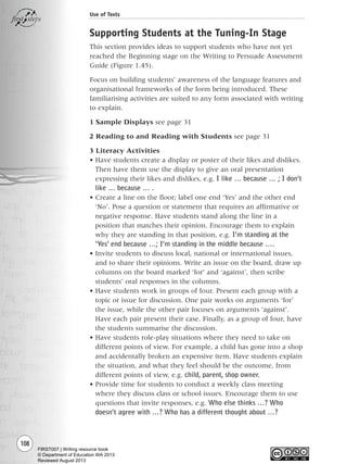108
Use of Texts
Supporting Students at the Tuning-In Stage
This section provides ideas to support students who have not yet
reached the Beginning stage on the Writing to Persuade Assessment
Guide (Figure 1.45).
Focus on building students’ awareness of the language features and
organisational frameworks of the form being introduced. These
familiarising activities are suited to any form associated with writing
to explain.
1 Sample Displays see page 31
2 Reading to and Reading with Students see page 31
3 Literacy Activities
• Have students create a display or poster of their likes and dislikes.
Then have them use the display to give an oral presentation
expressing their likes and dislikes, e.g. I like … because … ; I don’t
like … because … .
• Create a line on the floor; label one end ‘Yes’ and the other end
‘No’. Pose a question or statement that requires an affirmative or
negative response. Have students stand along the line in a
position that matches their opinion. Encourage them to explain
why they are standing in that position, e.g. I’m standing at the
‘Yes’ end because …; I’m standing in the middle because ….
• Invite students to discuss local, national or international issues,
and to share their opinions. Write an issue on the board, draw up
columns on the board marked ‘for’ and ‘against’, then scribe
students’ oral responses in the columns.
• Have students work in groups of four. Present each group with a
topic or issue for discussion. One pair works on arguments ‘for’
the issue, while the other pair focuses on arguments ‘against’.
Have each pair present their case. Finally, as a group of four, have
the students summarise the discussion.
• Have students role-play situations where they need to take on
different points of view. For example, a child has gone into a shop
and accidentally broken an expensive item. Have students explain
the situation, and what they feel should be the outcome, from
different points of view, e.g. child, parent, shop owner.
• Provide time for students to conduct a weekly class meeting
where they discuss class or school issues. Encourage them to use
questions that invite responses, e.g. Who else thinks …? Who
doesn’t agree with …? Who has a different thought about …?
Writing Resource_chpt 1_FINAL 6/29/06 10:34 AM Page 108
FIRST007 | Writing resource book
© Department of Education WA 2013
Reviewed August 2013
 