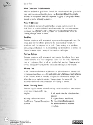 From Questions to Statements
Provide a series of questions, then have students turn the questions
into statements and justifications, e.g. Question: Should logging be
allowed in old-growth forests? Response: Logging of old-growth forests
should never be allowed because …
Make it Stronger
Give students a piece of text that has several statements in it.
Ask them to replace selected words to make the statements even
stronger, e.g. change ‘could’ to ‘should’ or ‘must’; change ‘a few’ to
‘many’; change ‘some’ to ‘most’.
Ranking
Provide students with a series of arguments in support of a specific
issue. (Or have students generate the arguments.) Then have
students rank the arguments in order from strongest to weakest,
providing justification for their ranking. Invite students to reflect on
how the order could change if the audience changed.
Fact or Opinion
Provide students with a series of statements, then have them sort
the statements into two categories: those that are facts, and those
that are opinions. Have students justify their sorting. Discuss what
would be required to turn the opinions into factual statements.
Picture This
Have students collect the words used in advertisements to describe
certain product lines, e.g. diet soft drinks, cars, holidays, mobile phones.
Have student work in pairs to analyse and discuss the images the
advertisers are trying to create. Students can then consider the
audience to which the advertisers are trying to appeal.
Across Learning Areas
Provide opportunities across learning areas for students to compose
texts used to persuade, e.g.
English A job application for school or class
council.
Society and Environment A slogan about a local issue.
Health and Physical Education An exposition about drug use.
Science An advertisement to promote
recycling.
112
Use of Texts
Writing Resource_chpt 1_FINAL 6/29/06 10:34 AM Page 112
FIRST007 | Writing resource book
© Department of Education WA 2013
Reviewed August 2013
 
