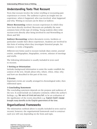 Understanding Different Forms of Writing
117
Understanding Texts That Recount
Texts that recount involve the writer retelling or recounting past
experiences or events. The audience is given an insight into an
experience, when it happened, who was involved, what happened
and why. Writing to recount can be direct or indirect.
Direct Recounting: writers recount experiences in which they
have been directly involved. Recounts are probably the most
common form of this type of writing. Young students often write
recount texts directly after being involved in oral Newstelling or
Show and Tell.
Indirect Recounting: writers document events, incidents or
particulars outside their direct experiences. Students are involved in
this form of writing when they investigate historical people, for
instance, to write a biography.
Different text forms used to recount include diary entries, journal
entries, autobiographies, biographies, reviews, minutes of meetings
and retells.
The following information is usually included in texts used
to recount.
1 Setting or Orientation
Includes background information to assist the reader establish the
context of the text. Details about who, where, when, what, why
and how are described in this part of the text.
2 Events
Important events are usually arranged in chronological order, then
elaborated upon.
3 Concluding Statement
The concluding statement depends on the purpose and audience of
the text. It could include an evaluative comment; reflect the author’s
feelings, e.g. We were all tired and very full; or be an evaluation of
the significance of the events described, e.g. Captain Cook’s voyage
brought many benefits to the English government of the time.
Organisational Frameworks
The information outlined above is usually included in texts used to
recount; however, the organisational framework used to construct
each text will vary depending on the form and topic.
Writing Resource_chpt 1_FINAL 6/29/06 10:34 AM Page 117
FIRST007 | Writing resource book
© Department of Education WA 2013
Reviewed August 2013
 