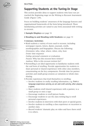 120
Use of Texts
Supporting Students at the Tuning-In Stage
This section provides ideas to support students who have not yet
reached the Beginning stage on the Writing to Recount Assessment
Guide (Figure 1.49).
Focus on building students’ awareness of the language features and
organisational frameworks of the form being introduced. These
familiarising activities are suited to any form associated with writing
to recount.
1 Sample Displays see page 31
2 Reading to and Reading with Students see page 31
3 Literacy Activities
• Read students a variety of texts used to recount, including
newspaper reports, letters, diaries, journals, retells,
autobiographies and biographies. Discuss the following:
Orientation: who, what, where, when, why, how
Events: time sequence
Ending: personal comment or evaluation
Purpose: Why has this recount been written?
Audience: Who is this recount written for?
• Newstelling is an ideal opportunity to familiarise students with
the oral form of retelling. Provide opportunities for students to
share personal or shared experiences with other class members,
concentrating on the key components. Provide time for partner
activities and small-group sessions as variations to whole-class
sharing.
• Provide experiences that lend themselves to retelling:
— Involve students in orally recalling information, e.g. from a
language-experience activity, an art and craft activity, after playing
a game.
— Have students retell shared experiences with a partner, to a
small group or onto a tape.
— Encourage students to retell picture books.
— Encourage students to use the class-writing bag to retell
personal experiences.
— Involve students in interviews with their peers or special guests.
— Involve students in retelling a class experience or excursion to
another class.
— Record students’ dramatic play on video and have them retell
it to others.
Writing Resource_chpt 1_FINAL 6/29/06 10:34 AM Page 120
FIRST007 | Writing resource book
© Department of Education WA 2013
Reviewed August 2013
 