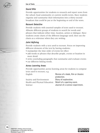 Sound Bite
Provide opportunities for students to research and report news from
the school, local community or current world events. Have students
organise and summarise their information into a thirty-second
broadcast that could be put at the beginning or end of the news.
Recount Detective
Provide students with assorted samples of texts used to recount.
Allocate different groups of students to search for words and
phrases that indicate either time, location, action or dialogue. Have
students create charts of the different language used, then use the
charts as a reference when they are writing.
Joint Refining
Provide students with a text used to recount. Focus on improving
different elements of the text by having students:
• manipulate the time order of events for effect
• add words or phrases that describe people, events or location in
more detail
• write concluding paragraphs that summarise and evaluate events
• use different linking words.
Across Learning Areas
Provide opportunities across learning areas for students to compose
texts used to recount, e.g.
English Review of a book, film or theatre
production.
Society and Environment Diary of exploration.
Health and Physical Education Retell of a sporting event.
Science Journal of a science experiment.
126
Use of Texts
Writing Resource_chpt 1_FINAL 6/29/06 10:34 AM Page 126
FIRST007 | Writing resource book
© Department of Education WA 2013
Reviewed August 2013
 