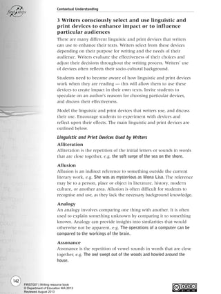 142
Contextual Understanding
3 Writers consciously select and use linguistic and
print devices to enhance impact or to influence
particular audiences
There are many different linguistic and print devices that writers
can use to enhance their texts. Writers select from these devices
depending on their purpose for writing and the needs of their
audience. Writers evaluate the effectiveness of their choices and
adjust their decisions throughout the writing process. Writers’ use
of devices often reflects their socio-cultural background.
Students need to become aware of how linguistic and print devices
work when they are reading — this will allow them to use these
devices to create impact in their own texts. Invite students to
speculate on an author’s reasons for choosing particular devices,
and discuss their effectiveness.
Model the linguistic and print devices that writers use, and discuss
their use. Encourage students to experiment with devices and
reflect upon their effects. The main linguistic and print devices are
outlined below.
Linguistic and Print Devices Used by Writers
Alliteration
Alliteration is the repetition of the initial letters or sounds in words
that are close together, e.g. the soft surge of the sea on the shore.
Allusion
Allusion is an indirect reference to something outside the current
literary work, e.g. She was as mysterious as Mona Lisa. The reference
may be to a person, place or object in literature, history, modern
culture, or another area. Allusion is often difficult for students to
recognise and use, as they lack the necessary background knowledge.
Analogy
An analogy involves comparing one thing with another. It is often
used to explain something unknown by comparing it to something
known. Analogy can provide insights into similarities that would
otherwise not be apparent, e.g. The operations of a computer can be
compared to the workings of the brain.
Assonance
Assonance is the repetition of vowel sounds in words that are close
together, e.g. The owl swept out of the woods and howled around the
house.
Writing Resource_chpt 2-3FINAL 6/29/06 10:45 AM Page 142
FIRST007 | Writing resource book
© Department of Education WA 2013
Reviewed August 2013
 