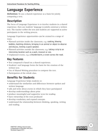 Instructional Procedures for Teaching Writing
11
Language Experience
Definition: To use a shared experience as a basis for jointly
composing a text.
Description
The focus of Language Experience is to involve students in a shared
experience, then use students’ language to jointly construct a written
text. The teacher scribes the text and students are supported as active
participants in the writing process.
Language Experience opportunities can be created in a range of
ways.
• Planned activities inside the classroom, e.g. cooking, blowing
bubbles, hatching chickens, bringing in an animal or object to observe
and discuss, inviting a guest speaker.
• Planned activities outside the classroom, e.g. taking a trip to an
interesting location such as a park, museum or zoo.
• Unplanned events, e.g. a thunderstorm, a crane across the road.
Key Features
• Text composed is based on a shared experience.
• Students’ oral language forms the basis for the creation of the
written text.
• Use of Shared Writing procedure to compose the text.
• Participation of the whole class.
Benefits for Students
Language Experience helps students to:
• understand the similarities and differences between spoken and
written language
• talk and write about events in which they have participated
• develop understandings about print
• produce meaningful and supportive texts for reading
• have ownership of the texts produced
• develop vocabulary and expand concepts
• understand the relationship between thinking, speaking, writing
and reading.
Writing Resource_chpt 1_FINAL 6/29/06 10:30 AM Page 11
FIRST007 | Writing resource book
© Department of Education WA 2013
Reviewed August 2013
 