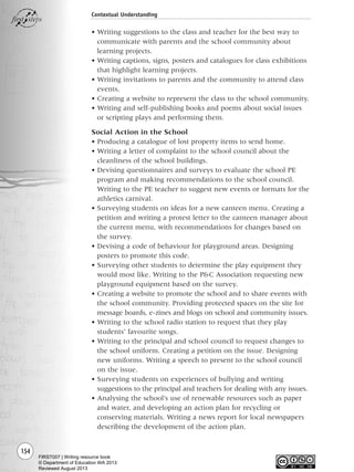 154
Contextual Understanding
• Writing suggestions to the class and teacher for the best way to
communicate with parents and the school community about
learning projects.
• Writing captions, signs, posters and catalogues for class exhibitions
that highlight learning projects.
• Writing invitations to parents and the community to attend class
events.
• Creating a website to represent the class to the school community.
• Writing and self-publishing books and poems about social issues
or scripting plays and performing them.
Social Action in the School
• Producing a catalogue of lost property items to send home.
• Writing a letter of complaint to the school council about the
cleanliness of the school buildings.
• Devising questionnaires and surveys to evaluate the school PE
program and making recommendations to the school council.
Writing to the PE teacher to suggest new events or formats for the
athletics carnival.
• Surveying students on ideas for a new canteen menu. Creating a
petition and writing a protest letter to the canteen manager about
the current menu, with recommendations for changes based on
the survey.
• Devising a code of behaviour for playground areas. Designing
posters to promote this code.
• Surveying other students to determine the play equipment they
would most like. Writing to the P&C Association requesting new
playground equipment based on the survey.
• Creating a website to promote the school and to share events with
the school community. Providing protected spaces on the site for
message boards, e-zines and blogs on school and community issues.
• Writing to the school radio station to request that they play
students’ favourite songs.
• Writing to the principal and school council to request changes to
the school uniform. Creating a petition on the issue. Designing
new uniforms. Writing a speech to present to the school council
on the issue.
• Surveying students on experiences of bullying and writing
suggestions to the principal and teachers for dealing with any issues.
• Analysing the school’s use of renewable resources such as paper
and water, and developing an action plan for recycling or
conserving materials. Writing a news report for local newspapers
describing the development of the action plan.
Writing Resource_chpt 2-3FINAL 6/29/06 10:45 AM Page 154
FIRST007 | Writing resource book
© Department of Education WA 2013
Reviewed August 2013
 