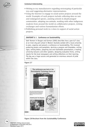 156
Contextual Understanding
• Writing to toy manufacturers regarding stereotyping of particular
toys and suggesting alternative representations.
• Using the Internet to engage in social-action projects around the
world. Examples of such projects include collecting data on rare
and endangered species, assisting schools in disadvantaged
communities, adopting zoo animals, working with other indigenous
students from around the world on collaborative projects, writing
exchanges and various humanitarian efforts.
• Publishing personal work in e-zines in support of social action
projects.
Figure 2.7
Figure 2.8 Brochure from the Sustainability Conference
SNAPSHOT # 1 Conference on Sustainability
Seth Yeoman in Dougan and Gorman (2005) describes how a year 6/7 class
at an inner-city port school in Western Australia worked with a local university
to plan, organise and present a conference on Sustainability. This involved
producing posters and pamphlets, devising a program and timetables, writing
signs, writing letters, preparing oral and multimedia presentations, e-mailing
university lecturers and other speakers, designing evaluation forms, writing
reports for the local newspapers and writing reflections on their learning.
The day was a huge success and generated an enormous amount of pride
within the class.
Writing Resource_chpt 2-3FINAL 6/29/06 10:45 AM Page 156
FIRST007 | Writing resource book
© Department of Education WA 2013
Reviewed August 2013
 