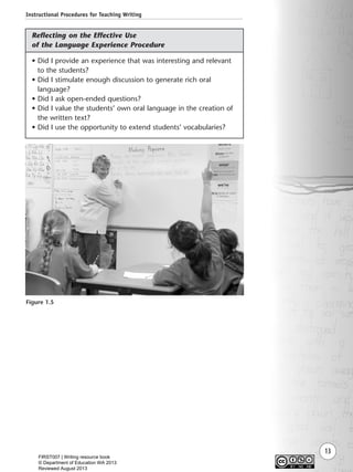 Instructional Procedures for Teaching Writing
13
Figure 1.5
• Did I provide an experience that was interesting and relevant
to the students?
• Did I stimulate enough discussion to generate rich oral
language?
• Did I ask open-ended questions?
• Did I value the students’ own oral language in the creation of
the written text?
• Did I use the opportunity to extend students’ vocabularies?
Reflecting on the Effective Use
of the Language Experience Procedure
Writing Resource_chpt 1_FINAL 6/29/06 10:30 AM Page 13
FIRST007 | Writing resource book
© Department of Education WA 2013
Reviewed August 2013
 