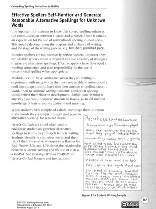 167
Effective Spellers Self-Monitor and Generate
Reasonable Alternative Spellings for Unknown
Words
It is important for students to know that correct spelling enhances
the communication between a writer and a reader. There is usually
an expectation for the use of conventional spelling in most texts.
This usually depends upon the purpose and audience of writing,
and the stage of the writing process, e.g. first draft, published piece.
Effective spellers are not necessarily perfect spellers. However, they
can identify when a word is incorrect and use a variety of strategies
to generate alternative spellings. Effective spellers have developed a
‘spelling conscience’ and take responsibility for the use of
conventional spelling when appropriate.
Students need to have confidence when they are writing to
experiment with using words they may not be able to automatically
spell. Encourage them to have their best attempt at spelling these
words, then to continue writing. Students’ attempts at spelling
should reflect their phase of development. Rather than ‘writing it
any way you can’, encourage students to have-a-go based on their
knowledge of letters, sounds, patterns and meaning.
When students have completed a draft, encourage them to return
to the words they attempted to spell and generate
alternative spellings for selected words.
Have-a-Go Pads are a tool often used to
encourage students to generate alternative
spellings to words they misspelt in their writing.
Students identify words, select words and then
record their alternative attempts on a Have-a Go
Pad. Figures 3.3a and 3.3b shows the relationship
between students’ writing and the use of a Have-
a Go-Pad. See First Steps Writing CD-ROM for
Have-a-Go Pad Formats and Instructions.
Connecting Spelling Instruction to Writing
Figure 3.3a Student Writing Sample
Writing Resource_chpt 2-3FINAL 6/29/06 10:46 AM Page 167
FIRST007 | Writing resource book
© Department of Education WA 2013
Reviewed August 2013
 