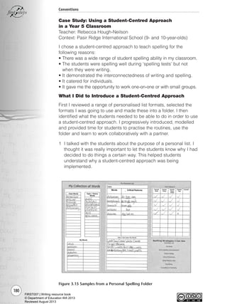180
Conventions
Case Study: Using a Student-Centred Approach
in a Year 5 Classroom
Teacher: Rebecca Hough-Neilson
Context: Pasir Ridge International School (9- and 10-year-olds)
I chose a student-centred approach to teach spelling for the
following reasons:
• There was a wide range of student spelling ability in my classroom.
• The students were spelling well during ‘spelling tests’ but not
when they were writing.
• It demonstrated the interconnectedness of writing and spelling.
• It catered for individuals.
• It gave me the opportunity to work one-on-one or with small groups.
What I Did to Introduce a Student-Centred Approach
First I reviewed a range of personalised list formats, selected the
formats I was going to use and made these into a folder. I then
identified what the students needed to be able to do in order to use
a student-centred approach. I progressively introduced, modelled
and provided time for students to practise the routines, use the
folder and learn to work collaboratively with a partner.
1 I talked with the students about the purpose of a personal list. I
thought it was really important to let the students know why I had
decided to do things a certain way. This helped students
understand why a student-centred approach was being
implemented.
Figure 3.15 Samples from a Personal Spelling Folder
Writing Resource_chpt 2-3FINAL 6/29/06 10:47 AM Page 180
FIRST007 | Writing resource book
© Department of Education WA 2013
Reviewed August 2013
 