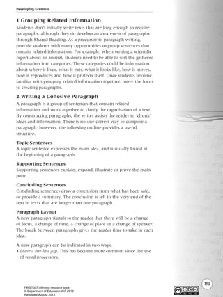193
1 Grouping Related Information
Students don’t initially write texts that are long enough to require
paragraphs, although they do develop an awareness of paragraphs
through Shared Reading. As a precursor to paragraph writing,
provide students with many opportunities to group sentences that
contain related information. For example, when writing a scientific
report about an animal, students need to be able to sort the gathered
information into categories. These categories could be information
about where it lives, what it eats, what it looks like, how it moves,
how it reproduces and how it protects itself. Once students become
familiar with grouping related information together, move the focus
to creating paragraphs.
2 Writing a Cohesive Paragraph
A paragraph is a group of sentences that contain related
information and work together to clarify the organisation of a text.
By constructing paragraphs, the writer assists the reader to ‘chunk’
ideas and information. There is no one correct way to compose a
paragraph; however, the following outline provides a useful
structure.
Topic Sentences
A topic sentence expresses the main idea, and is usually found at
the beginning of a paragraph.
Supporting Sentences
Supporting sentences explain, expand, illustrate or prove the main
point.
Concluding Sentences
Concluding sentences draw a conclusion from what has been said,
or provide a summary. The conclusion is left to the very end of the
text in texts that are longer than one paragraph.
Paragraph Layout
A new paragraph signals to the reader that there will be a change
of focus, a change of time, a change of place or a change of speaker.
The break between paragraphs gives the reader time to take in each
idea.
A new paragraph can be indicated in two ways.
• Leave a one-line gap. This has become more common since the use
of word processors.
Developing Grammar
Writing Resource_chpt 2-3FINAL 6/29/06 10:47 AM Page 193
FIRST007 | Writing resource book
© Department of Education WA 2013
Reviewed August 2013
 