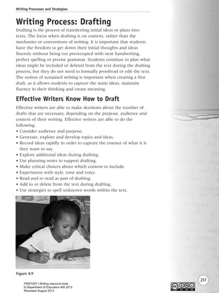 217
Writing Process: Drafting
Drafting is the process of transferring initial ideas or plans into
texts. The focus when drafting is on content, rather than the
mechanics or conventions of writing. It is important that students
have the freedom to get down their initial thoughts and ideas
fluently without being too preoccupied with neat handwriting,
perfect spelling or precise grammar. Students continue to plan what
ideas might be included or deleted from the text during the drafting
process, but they do not need to formally proofread or edit the text.
The notion of sustained writing is important when creating a first
draft, as it allows students to capture the main ideas, maintain
fluency in their thinking and create meaning.
Effective Writers Know How to Draft
Effective writers are able to make decisions about the number of
drafts that are necessary, depending on the purpose, audience and
context of their writing. Effective writers are able to do the
following.
• Consider audience and purpose.
• Generate, explore and develop topics and ideas.
• Record ideas rapidly in order to capture the essence of what it is
they want to say.
• Explore additional ideas during drafting.
• Use planning notes to support drafting.
• Make critical choices about which content to include.
• Experiment with style, tone and voice.
• Read and re-read as part of drafting.
• Add to or delete from the text during drafting.
• Use strategies to spell unknown words within the text.
Writing Processes and Strategies
Figure 4.9
Writing Resource_chpt 4 FINAL 6/29/06 10:53 AM Page 217
FIRST007 | Writing resource book
© Department of Education WA 2013
Reviewed August 2013
 