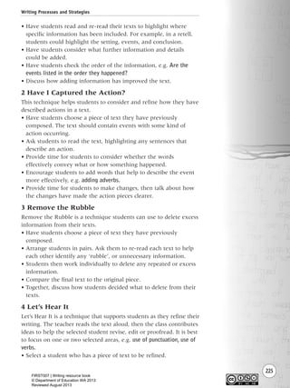 225
• Have students read and re-read their texts to highlight where
specific information has been included. For example, in a retell,
students could highlight the setting, events, and conclusion.
• Have students consider what further information and details
could be added.
• Have students check the order of the information, e.g. Are the
events listed in the order they happened?
• Discuss how adding information has improved the text.
2 Have I Captured the Action?
This technique helps students to consider and refine how they have
described actions in a text.
• Have students choose a piece of text they have previously
composed. The text should contain events with some kind of
action occurring.
• Ask students to read the text, highlighting any sentences that
describe an action.
• Provide time for students to consider whether the words
effectively convey what or how something happened.
• Encourage students to add words that help to describe the event
more effectively, e.g. adding adverbs.
• Provide time for students to make changes, then talk about how
the changes have made the action pieces clearer.
3 Remove the Rubble
Remove the Rubble is a technique students can use to delete excess
information from their texts.
• Have students choose a piece of text they have previously
composed.
• Arrange students in pairs. Ask them to re-read each text to help
each other identify any ‘rubble’, or unnecessary information.
• Students then work individually to delete any repeated or excess
information.
• Compare the final text to the original piece.
• Together, discuss how students decided what to delete from their
texts.
4 Let’s Hear It
Let’s Hear It is a technique that supports students as they refine their
writing. The teacher reads the text aloud, then the class contributes
ideas to help the selected student revise, edit or proofread. It is best
to focus on one or two selected areas, e.g. use of punctuation, use of
verbs.
• Select a student who has a piece of text to be refined.
Writing Processes and Strategies
Writing Resource_chpt 4 FINAL 6/29/06 10:54 AM Page 225
FIRST007 | Writing resource book
© Department of Education WA 2013
Reviewed August 2013
 
