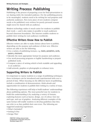 229
Writing Process: Publishing
Publishing is the process of preparing a text for final presentation to
(or sharing with) the intended audience. For the publishing process
to be meaningful, students need to be writing for real purposes and
authentic audiences. Not every piece of text students compose
needs to be published; texts written for purely personal reasons
might never be shared with an audience.
Modern technology makes it much easier for students to publish
their work — and it also makes it possible to reach audiences
beyond classroom boundaries. The Internet enables students to
publish their writing for real audiences worldwide.
Effective Writers Know How to Publish
Effective writers are able to make choices about how to publish,
depending on the purpose and audience of their text. Effective
writers are able to do the following.
• Use a variety of publishing formats, e.g. books, pamphlets, cards,
posters, electronic.
• Identify the most appropriate format for purpose and audience.
• Use word-processing programs or legible handwriting to prepare
published work.
• Compose a piece of writing which is both readable and appealing
to an audience.
• Add artwork, graphics or photographs to enhance texts.
Supporting Writers to Publish
It is important to expose students to a range of publishing techniques;
these techniques can be introduced and experimented with over a
period of time. When focusing on the different facets of publishing,
include a combination of demonstrations, think-alouds and
opportunities for students to publish their writing in a variety of ways.
The following experiences will help to build students’ understandings
about publishing options. The most powerful way for students to
build this understanding is by analysing a variety of formats,
exploring features such as layout, design, use of colour, font size
and type, and use of graphics. Analysing different examples of the
same format will enable students to develop guidelines that they
can refer to as they publish their own texts. The following are
suggested analysing experiences.
• What’s Included?
• Setting It Out
• Design This!
Writing Processes and Strategies
Writing Resource_chpt 4 FINAL 6/29/06 10:54 AM Page 229
FIRST007 | Writing resource book
© Department of Education WA 2013
Reviewed August 2013
 