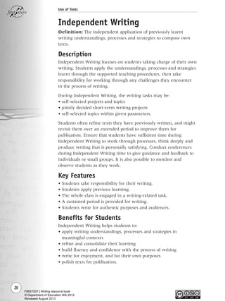 20
Use of Texts
Independent Writing
Definition: The independent application of previously learnt
writing understandings, processes and strategies to compose own
texts.
Description
Independent Writing focuses on students taking charge of their own
writing. Students apply the understandings, processes and strategies
learnt through the supported teaching procedures, then take
responsibility for working through any challenges they encounter
in the process of writing.
During Independent Writing, the writing tasks may be:
• self-selected projects and topics
• jointly decided short-term writing projects
• self-selected topics within given parameters.
Students often refine texts they have previously written, and might
revisit them over an extended period to improve them for
publication. Ensure that students have sufficient time during
Independent Writing to work through processes, think deeply and
produce writing that is personally satisfying. Conduct conferences
during Independent Writing time to give guidance and feedback to
individuals or small groups. It is also possible to monitor and
observe students as they work.
Key Features
• Students take responsibility for their writing.
• Students apply previous learning.
• The whole class is engaged in a writing-related task.
• A sustained period is provided for writing.
• Students write for authentic purposes and audiences.
Benefits for Students
Independent Writing helps students to:
• apply writing understandings, processes and strategies in
meaningful contexts
• refine and consolidate their learning
• build fluency and confidence with the process of writing
• write for enjoyment, and for their own purposes
• polish texts for publication.
Writing Resource_chpt 1_FINAL 6/29/06 10:31 AM Page 20
FIRST007 | Writing resource book
© Department of Education WA 2013
Reviewed August 2013
 