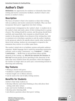 Instructional Procedures for Teaching Writing
23
Author’s Chair
Definition: An opportunity for students to voluntarily share their
writing and receive constructive feedback. (Author’s Chair is also
known as Author’s Circle.)
Description
The focus of Author’s Chair is for students to share their writing
with an audience and receive constructive feedback. They can then
incorporate their peers’ suggestions into their writing.
A special chair is designated as the ‘author’s chair’. A student sits in
the author’s chair and reads a piece of their writing aloud to a group
of peers. The writing should be current, and the group should listen
carefully and respectfully, then respond as critical friends. Each
student in the group thinks of an element of the writing they wish
to comment on or develops a question to ask the author. Students
in the group are asked to be specific about exactly what worked for
them in the writing. Authors are encouraged to respond to the
comments they receive or to reflect upon them.
The teacher’s initial role is to facilitate sessions and guide audience
responses. Model language that is useful for promoting constructive
criticism, such as using ‘I statements’, e.g. I wondered …, I think …,
I could picture …. Model how to ask questions about specific
elements of the writing, e.g. Why did you represent the character in
that way? Several groups can be operating in the classroom at the
same time once students know the procedure; when this happens,
the teacher no longer takes an active part, concentrating instead on
observing and conferring.
Key Features
• Writing is shared with peers.
• Feedback is explicit and constructive.
• Session length: ten to fifteen minutes.
• Can be used at the end of daily writing sessions.
Benefits for Students
Author’s Chair helps students to:
• develop reflective and critical thinking as they talk about their
writing with other writers
• give and receive feedback on writing
• develop active listening skills
• ask effective questions about their peers’ writing
Writing Resource_chpt 1_FINAL 6/29/06 10:31 AM Page 23
FIRST007 | Writing resource book
© Department of Education WA 2013
Reviewed August 2013
 
