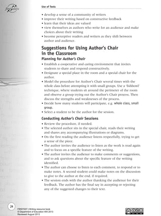 24
Use of Texts
• develop a sense of a community of writers
• improve their writing based on constructive feedback
• learn that their ideas are valued
• view themselves as authors who write for an audience and make
choices about their writing
• become perceptive readers and writers as they shift between
author and audience.
Suggestions for Using Author’s Chair
in the Classroom
Planning for Author’s Chair
• Establish a cooperative and caring environment that invites
students to share and respond constructively.
• Designate a special place in the room and a special chair for the
author.
• Model the procedure for Author’s Chair several times with the
whole class before attempting it with small groups. Use a ‘fishbowl’
technique, where students sit around the perimeter of the room
and observe a group trying out the Author’s Chair process. Then
discuss the strengths and weaknesses of the process.
• Decide how many students will participate, e.g. whole class, small
group.
• Select a student to be the author for the session.
Conducting Author’s Chair Sessions
• Review the procedure, if needed.
• The selected author sits in the special chair, reads their writing
and shares any accompanying illustrations or diagrams.
• On the first reading the audience listens respectfully, trying to get
a sense of the piece.
• The author invites the audience to listen as the work is read again
and to focus on a specific feature of the writing.
• The author invites the audience to make comments or suggestions,
and to ask questions about the specific feature of the writing
identified.
• The author can choose to listen to each comment, to respond or to
make notes. A second student could make notes on the discussion
to give to the author at the end, if required.
• The session ends with the author thanking the audience for their
feedback. The author has the final say in accepting or rejecting
any of the suggested changes to their text.
Writing Resource_chpt 1_FINAL 6/29/06 10:31 AM Page 24
FIRST007 | Writing resource book
© Department of Education WA 2013
Reviewed August 2013
 