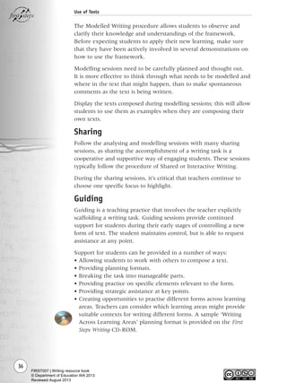 36
Use of Texts
The Modelled Writing procedure allows students to observe and
clarify their knowledge and understandings of the framework.
Before expecting students to apply their new learning, make sure
that they have been actively involved in several demonstrations on
how to use the framework.
Modelling sessions need to be carefully planned and thought out.
It is more effective to think through what needs to be modelled and
where in the text that might happen, than to make spontaneous
comments as the text is being written.
Display the texts composed during modelling sessions; this will allow
students to use them as examples when they are composing their
own texts.
Sharing
Follow the analysing and modelling sessions with many sharing
sessions, as sharing the accomplishment of a writing task is a
cooperative and supportive way of engaging students. These sessions
typically follow the procedure of Shared or Interactive Writing.
During the sharing sessions, it’s critical that teachers continue to
choose one specific focus to highlight.
Guiding
Guiding is a teaching practice that involves the teacher explicitly
scaffolding a writing task. Guiding sessions provide continued
support for students during their early stages of controlling a new
form of text. The student maintains control, but is able to request
assistance at any point.
Support for students can be provided in a number of ways:
• Allowing students to work with others to compose a text.
• Providing planning formats.
• Breaking the task into manageable parts.
• Providing practice on specific elements relevant to the form.
• Providing strategic assistance at key points.
• Creating opportunities to practise different forms across learning
areas. Teachers can consider which learning areas might provide
suitable contexts for writing different forms. A sample ‘Writing
Across Learning Areas’ planning format is provided on the First
Steps Writing CD-ROM.
Writing Resource_chpt 1_FINAL 6/29/06 10:31 AM Page 36
FIRST007 | Writing resource book
© Department of Education WA 2013
Reviewed August 2013
 