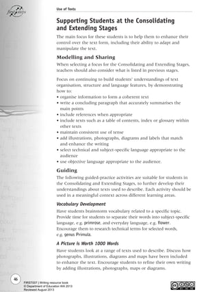 46
Use of Texts
Supporting Students at the Consolidating
and Extending Stages
The main focus for these students is to help them to enhance their
control over the text form, including their ability to adapt and
manipulate the text.
Modelling and Sharing
When selecting a focus for the Consolidating and Extending Stages,
teachers should also consider what is listed in previous stages.
Focus on continuing to build students’ understandings of text
organisation, structure and language features, by demonstrating
how to:
• organise information to form a coherent text
• write a concluding paragraph that accurately summarises the
main points
• include references when appropriate
• include texts such as a table of contents, index or glossary within
other texts
• maintain consistent use of tense
• add illustrations, photographs, diagrams and labels that match
and enhance the writing
• select technical and subject-specific language appropriate to the
audience
• use objective language appropriate to the audience.
Guiding
The following guided-practice activities are suitable for students in
the Consolidating and Extending Stages, to further develop their
understandings about texts used to describe. Each activity should be
used in a meaningful context across different learning areas.
Vocabulary Development
Have students brainstorm vocabulary related to a specific topic.
Provide time for students to separate their words into subject-specific
language, e.g. primrose, and everyday language, e.g. flower.
Encourage them to research technical terms for selected words,
e.g. genus Primula.
A Picture is Worth 1000 Words
Have students look at a range of texts used to describe. Discuss how
photographs, illustrations, diagrams and maps have been included
to enhance the text. Encourage students to refine their own writing
by adding illustrations, photographs, maps or diagrams.
Writing Resource_chpt 1_FINAL 6/29/06 10:31 AM Page 46
FIRST007 | Writing resource book
© Department of Education WA 2013
Reviewed August 2013
 