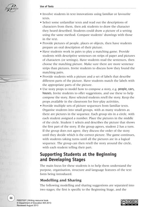 66
Use of Texts
• Involve students in text innovations using familiar or favourite
texts.
• Select some unfamiliar texts and read out the descriptions of
characters from them, then ask students to draw the character
they heard described. Students could draw a picture of a setting
using the same method. Compare students’ drawings with those
in the text.
• Provide pictures of people, places or objects, then have students
prepare an oral description of their picture.
• Have students work in pairs to play a matching game. Provide
students with descriptive sentences on strips of paper and pictures
of characters (or settings). Have students read the sentences, then
choose the matching picture. Make sure there are more sentence
strips than pictures. Invite students to discuss how they found the
matching pairs.
• Provide students with a picture and a set of labels that describe
different parts of the picture. Have students match the labels with
the appropriate parts of the picture.
• Use story props to model how to compose a story, e.g. people, cars,
houses. Invite students to offer suggestions, and use these to help
compose the story. Have selected students retell the story. Keep the
props available in the classroom for free-play activities.
• Provide multiple sets of picture sequences from familiar texts.
Organise students into small groups, with as many students as
there are pictures in the sequence. Each group sits in a circle, with
each student assigned a number. Place the pictures in the middle
of the circle. Student 1 selects and describes the picture that shows
the first part of the story. If the group agrees, student 2 has a turn.
If the group does not agree, they discuss the order of the story
until they decide which is the correct picture. The game continues,
with students taking turns until all the pictures are in a logical
sequence. The group can then retell the story around the circle,
with each student telling their part.
Supporting Students at the Beginning
and Developing Stages
The main focus for these students is to help them understand the
purpose, organisation, structure and language features of the text
form being introduced.
Modelling and Sharing
The following modelling and sharing suggestions are separated into
two stages; the first is specific to the Beginning Stage, and the
Writing Resource_chpt 1_FINAL 6/29/06 10:32 AM Page 66
FIRST007 | Writing resource book
© Department of Education WA 2013
Reviewed August 2013
 