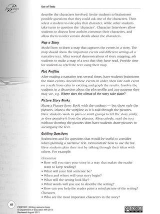 68
Use of Texts
describe the characters involved. Invite students to brainstorm
possible questions that they could ask one of the characters. Then
select a student to role-play that character, while other students
take turns to question the ‘character’. Character Interviews allow
students to discuss how authors construct their characters, and
allow them to infer certain details about the characters.
Map a Story
Model how to draw a map that captures the events in a story. The
map should show the important events and different settings of a
narrative text. After several demonstrations of story mapping, ask
students to make a map of a text that they have read. Provide time
for students to retell the text using their map.
Plot Profiles
After reading a narrative text several times, have students brainstorm
the main events. Record these events in order, then rate each event
on a scale from calm to exciting and graph the results. Involve the
students in a discussion about the plot profile and any patterns they
may see, e.g. Where does the climax of the story take place?
Picture Story Books
Share a Picture Story Book with the students — but show only the
pictures. Discuss the storyline as it is told through the pictures.
Have students work in pairs or small groups to tell the story orally,
as they perceive it from the pictures. Alternatively, read the text
without showing the pictures then have students draw pictures to
accompany the text.
Guiding Questions
Brainstorm and list questions that would be useful to consider
when planning a narrative text. Demonstrate how to use the list.
Have students plan their text by talking through their ideas with
others. For example:
Orientation
• How will you start your story in a way that makes the reader
want to keep reading?
• What will your first sentence be?
• When and where will your story begin?
• What will the setting look like?
• What words will you use to describe the setting?
• How can you help the reader paint a mind picture of the setting?
Characters
• Who are the most important characters in the story?
Writing Resource_chpt 1_FINAL 6/29/06 10:32 AM Page 68
FIRST007 | Writing resource book
© Department of Education WA 2013
Reviewed August 2013
 