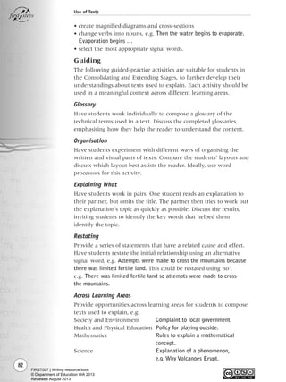 • create magnified diagrams and cross-sections
• change verbs into nouns, e.g. Then the water begins to evaporate.
Evaporation begins …
• select the most appropriate signal words.
Guiding
The following guided-practice activities are suitable for students in
the Consolidating and Extending Stages, to further develop their
understandings about texts used to explain. Each activity should be
used in a meaningful context across different learning areas.
Glossary
Have students work individually to compose a glossary of the
technical terms used in a text. Discuss the completed glossaries,
emphasising how they help the reader to understand the content.
Organisation
Have students experiment with different ways of organising the
written and visual parts of texts. Compare the students’ layouts and
discuss which layout best assists the reader. Ideally, use word
processors for this activity.
Explaining What
Have students work in pairs. One student reads an explanation to
their partner, but omits the title. The partner then tries to work out
the explanation’s topic as quickly as possible. Discuss the results,
inviting students to identify the key words that helped them
identify the topic.
Restating
Provide a series of statements that have a related cause and effect.
Have students restate the initial relationship using an alternative
signal word, e.g. Attempts were made to cross the mountains because
there was limited fertile land. This could be restated using ‘so’,
e.g. There was limited fertile land so attempts were made to cross
the mountains.
Across Learning Areas
Provide opportunities across learning areas for students to compose
texts used to explain, e.g.
Society and Environment Complaint to local government.
Health and Physical Education Policy for playing outside.
Mathematics Rules to explain a mathematical
concept.
Science Explanation of a phenomenon,
e.g. Why Volcanoes Erupt.
82
Use of Texts
Writing Resource_chpt 1_FINAL 6/29/06 10:33 AM Page 82
FIRST007 | Writing resource book
© Department of Education WA 2013
Reviewed August 2013
 
