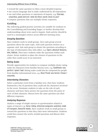 Understanding Different Forms of Writing
91
• reword the same question to elicit a more detailed response
• use concise language that is easily understood by all respondents
• use and refine questions or statements of inquiry, e.g. Courage,
cowardice, good and evil: what do these words mean to you?
• compose questions that use multiple-choice responses.
Guiding
The following guided-practice activities are suitable for students in
the Consolidating and Extending Stages, to further develop their
understandings about texts used to inquire. Each activity should be
used in a meaningful context across different learning areas.
Grouping Questions
Have students work in small groups. Give each group several
questions about the same topic, with each question written on a
separate card. Ask each group to cluster the questions according to
the type of information they will collect, e.g. tigers: physical features,
diet, habitat. Then have students order the questions within each
cluster. Invite students to place the clusters of questions in the
order they could occur in an interview.
Rating Scales
Provide opportunities for students to compose multiple-choice rating
scales for characters from familiar literary texts, e.g. Goldilocks was
perfect / good / bad. Rating scales could also be composed for people
from familiar informational texts, e.g. Anne Frank was heroic / brave /
cowardly.
Interviewing Characters
Select a particular event from a familiar text, then have students
brainstorm a list of questions they could ask the characters involved
in the event. Nominate students to take on the role of each
character and have them answer the questions from the point of
view of their character. Discuss how the same question can elicit
different responses.
Analysing Responses
Analyse a range of simple surveys or questionnaires related to
topics of interest e.g. horse riding, television programs watched, mode
of transport, favourite books. Have students work in small groups to
reword the questions so that they elicit more information. Students
could then answer the newly worded questions and discuss their
responses.
Writing Resource_chpt 1_FINAL 6/29/06 10:33 AM Page 91
FIRST007 | Writing resource book
© Department of Education WA 2013
Reviewed August 2013
 