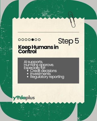 Step5
KeepHumansin
Control
AIsupports.
Humansapprove.
Especiallyfor:
Creditdecisions
Investments
Regulatoryreporting
 