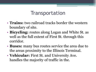 ParkingMany parking options:Metered Parking: along University Ave, portions of Locust St. and Chester St, and some on the east side of Second St.2-Hour Parking: exist along White St.Free Parking: exists along all thoroughfares south of Logan and west of First St.Lots: metered parking lot owned by the city on southwest corner of Second and University Ave. Large leased lot owned by the CU Metro Transit District locate on the west side of Water St. at Baily