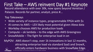 © 2010-2016 HMCC & Constellation Research, Inc. All rights reserved. 1#reInvent
First Take – AWS reinvent Day #1 Keynote
MyPOV: AWS doesn’t stop, over 1k innovations in last 12 months,
attracting enterprise load via standard SaaS and SnowX,
officially enters hardware business with Snowflake Edge.
Record attendance with over 30k, now spans beyond Venetian /
Palazzo. Records for partner, analyst, press #...
Top Takeaways
• Wide variety of instance types, programmable FPGA with $s
• AI comes to AWS – LEX likely most potential given Alexa data
• Workday chooses AWS for production loads
• Compute – ok lambda – to the edge with AWS Greengrass
• SnowMobile – The fight for enterprise load in on
 