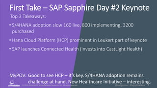 © 2010-2016 HMCC & Constellation Research, Inc. All rights reserved. 1@holgermu - #SapphireNow
First Take – SAP Sapphire Day #2 Keynote
Top 3 Takeaways:
• S/4HANA adoption slow 160 live, 800 implementing, 3200
purchased
• Hana Cloud Platform (HCP) prominent in Leukert part of keynote
• SAP launches Connected Health (invests into CastLight Health)
MyPOV: Good to see HCP – it’s key. S/4HANA adoption remains
challenge at hand. New Healthcare Initiative – interesting.
 