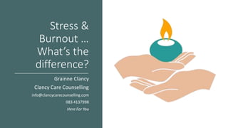 Stress &
Burnout …
What’s the
difference?
Grainne Clancy
Clancy Care Counselling
info@clancycarecounselling.com
083 4137998
Here For You
 