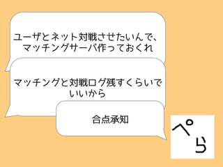 ユーザとネット対戦させたいんで、
マッチングサーバ作っておくれ
マッチングと対戦ログ残すくらいで
いいから
合点承知
 