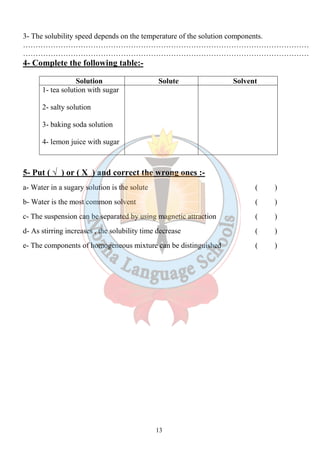 3- The solubility speed depends on the temperature of the solution components. 
…………………………………………………………………………………………………… 
…………………………………………………………………………………………………… 
4- Complete the following table:- 
Solution Solute Solvent 
13 
1- tea solution with sugar 
2- salty solution 
3- baking soda solution 
4- lemon juice with sugar 
5- Put ( √ ) or ( Х ) and correct the wrong ones :- 
a- Water in a sugary solution is the solute ( ) 
b- Water is the most common solvent ( ) 
c- The suspension can be separated by using magnetic attraction ( ) 
d- As stirring increases , the solubility time decrease ( ) 
e- The components of homogeneous mixture can be distinguished ( ) 
 
