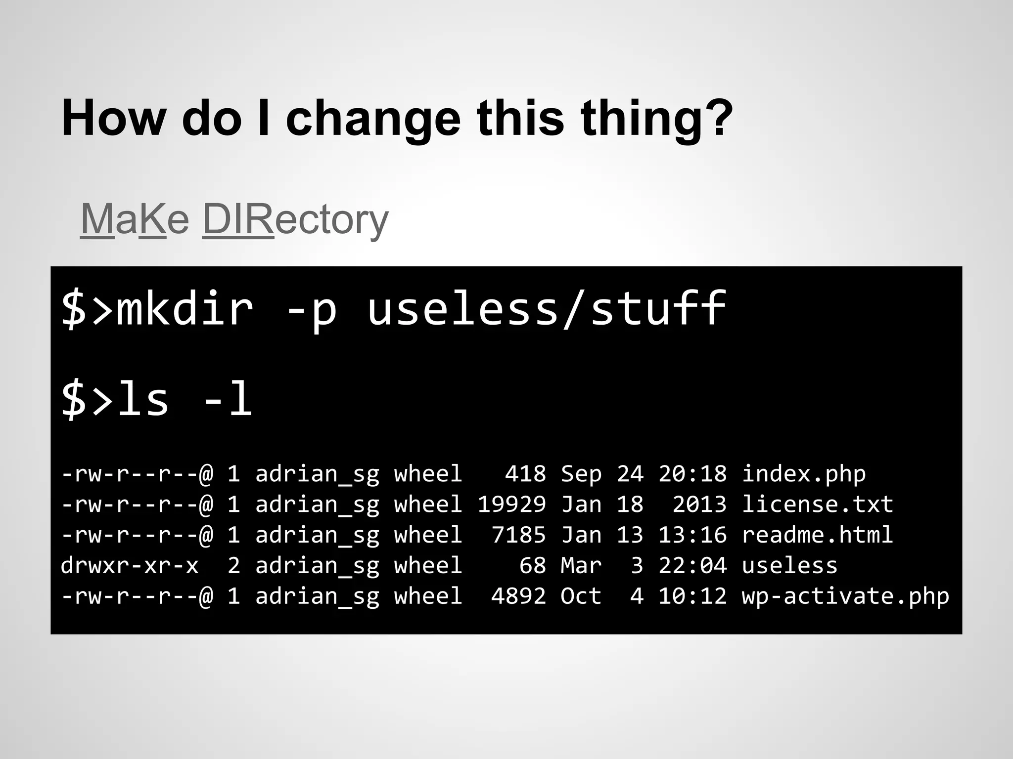 How do I change this thing?
$>mkdir -p useless/stuff
$>ls -l
-rw-r--r--@ 1 adrian_sg wheel 418 Sep 24 20:18 index.php
-rw-r--r--@ 1 adrian_sg wheel 19929 Jan 18 2013 license.txt
-rw-r--r--@ 1 adrian_sg wheel 7185 Jan 13 13:16 readme.html
drwxr-xr-x 2 adrian_sg wheel 68 Mar 3 22:04 useless
-rw-r--r--@ 1 adrian_sg wheel 4892 Oct 4 10:12 wp-activate.php
MaKe DIRectory
 
