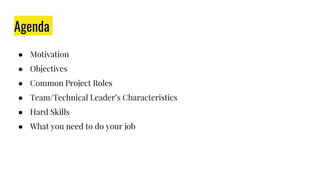 Agenda
● Motivation
● Objectives
● Common Project Roles
● Team/Technical Leader’s Characteristics
● Hard Skills
● What you need to do your job
 