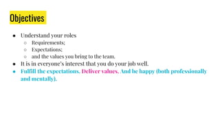 Objectives
● Understand your roles
○ Requirements;
○ Expectations;
○ and the values you bring to the team.
● It is in everyone’s interest that you do your job well.
● Fulfill the expectations. Deliver values. And be happy (both professionally
and mentally).
 