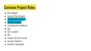 Common Project Roles
● Developer
● Senior Developer
● Technical Leader
● Team Leader
● Technical Architect
● QC
● QC Leader
● BA
● Senior BA/BA Lead
● Scrum Master
● Project Manager
 