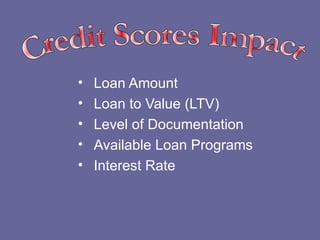 Loan Amount Loan to Value (LTV) Level of Documentation Available Loan Programs Interest Rate Credit Scores Impact 