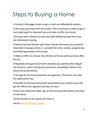 10
Steps to Buying a Home
1-Contact a Mortgage Lender to get a credit and aﬀordability analysis.
2-Get a pre-qual le er from the Lender. This is necessary in order to get a
real estate agent to represent you and make an oﬀer on a house.
3-Connect with a Realtor to assist you with ﬁnding the type home you
are interested in buying.
4-Search un l you ﬁnd the right home. Decide what areas you would be
interested in buying a home in. Consider the crime, schools, property tax,
and likely apprecia on of the areas.
5-Make an oﬀer on a house. Your Realtor will draw up the purchase oﬀer
for you.
6-Nego ate and agree on all terms between you and the seller. Nego -
ate the price, seller's closing cost assistance, and whether items in the
home will be le behind.
7-Arrange for the home inspec on and appraisal. The lender will order
the appraisal for you.
8-Provide all necessary documents requested by your lender so you will
get the oﬃcial loan approval and clear to close.
9-Go to the se lement table, sign all ﬁnal purchase documents,and close
on the home.
10-Get the keys to the house and move in.
Source: Steps to Buying a Home
 