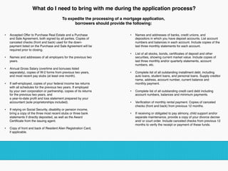 •  Accepted Offer to Purchase Real Estate and a Purchase
and Sale Agreement, both signed by all parties. Copies of
canceled checks (front and back) used for the down-
payment listed on the Purchase and Sale Agreement will be
required prior to closing.
•  Names and addresses of all employers for the previous two
years.
•  Annual Gross Salary (overtime and bonuses listed
separately), copies of W-2 forms from previous two years,
and most recent pay stubs (at least one month).
•  If self-employed, copies of your federal income tax returns
with all schedules for the previous two years. If employed
by your own corporation or partnership, copies of its returns
for the previous two years, and 
a year-to-date proﬁt and loss statement prepared by your
accountant (sole proprietorships included).
•  If relying on Social Security, disability or pension income,
bring a copy of the three most recent stubs or three bank
statements if directly deposited, as well as the Award
Certiﬁcate from the issuing agent.
•  Copy of front and back of Resident Alien Registration Card,
if applicable.
!
•  Names and addresses of banks, credit unions, and
depositors in which you have deposit accounts. List account
numbers and balances in each account. Include copies of the
last three monthly statements for each account.
•  List of all stocks, bonds, certiﬁcates of deposit and other
securities, showing current market value. Include copies of
last three monthly and/or quarterly statements, account
numbers, etc.
•  Complete list of all outstanding installment debt, including
auto loans, student loans, and personal loans. Supply creditor
name, address, account number, current balance and
monthly payment.
•  Complete list of all outstanding credit card debt including
account numbers, balances and minimum payments.
•  Veriﬁcation of monthly rental payment. Copies of canceled
checks (front and back) from previous 12 months.
•  If receiving or obligated to pay alimony, child support and/or
separate maintenance, provide a copy of your divorce decree
and/ or court order. Include canceled checks from previous 12
months to verify the receipt or payment of these funds.
!
What do I need to bring with me during the application process? 
To expedite the processing of a mortgage application,
borrowers should provide the following:
!
 