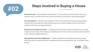 Steps involved in Buying a House
Interview Process - We get together and determine if I can provide you with the level of service you
require and you can give me the most accurate information to provide you with the best support.
Pre-Loan Approval – Ensures we are looking for homes in the correct price range, saving everyone
involved time and money and to get the best house you can afford. Sellers are also more likely to
accept an offer from a pre-approved buyer.
Determine your lifestyle and needs – I will help you find the areas and homes that best fit your needs.
Together we will create a list of what you absolutely have to have in a home and what’s most important
to you. (Schools, neighborhood, etc.).
Sign agreement and acknowledgements – People usually feel overwhelmed with all the contracts.
Most of the time it’s because they don’t understand what they are signing and why. I will break it down
for you!
#02
 