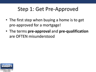 Step 1: Get Pre-Approved
• The first step when buying a home is to get
pre-approved for a mortgage!
• The terms pre-approval and pre-qualification
are OFTEN misunderstood
3
 