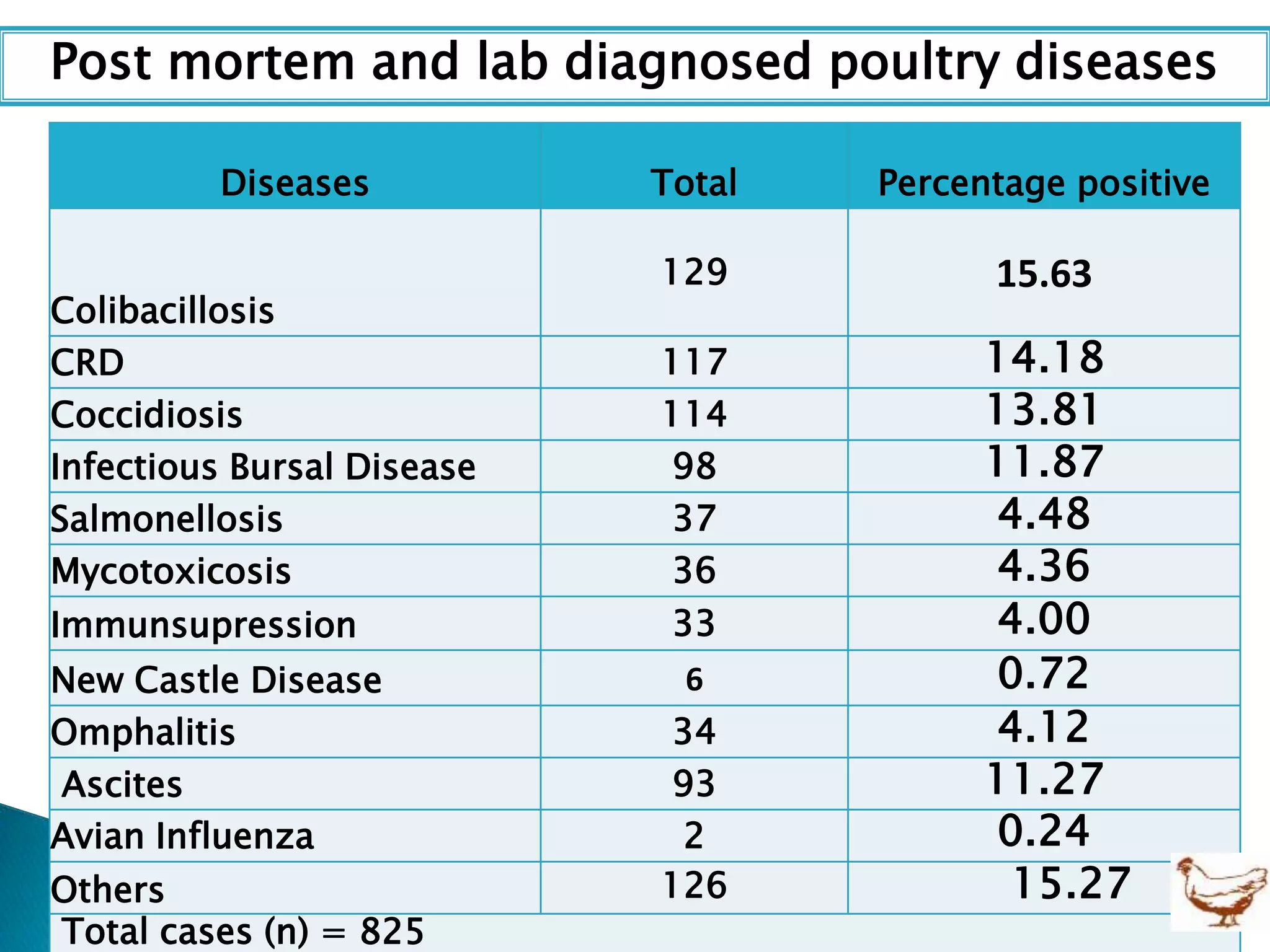 Diseases Total Percentage positive
Colibacillosis
129 15.63
CRD 117 14.18
Coccidiosis 114 13.81
Infectious Bursal Disease 98 11.87
Salmonellosis 37 4.48
Mycotoxicosis 36 4.36
Immunsupression 33 4.00
New Castle Disease 6 0.72
Omphalitis 34 4.12
Ascites 93 11.27
Avian Influenza 2 0.24
Others 126 15.27
Total cases (n) = 825
Post mortem and lab diagnosed poultry diseases
 